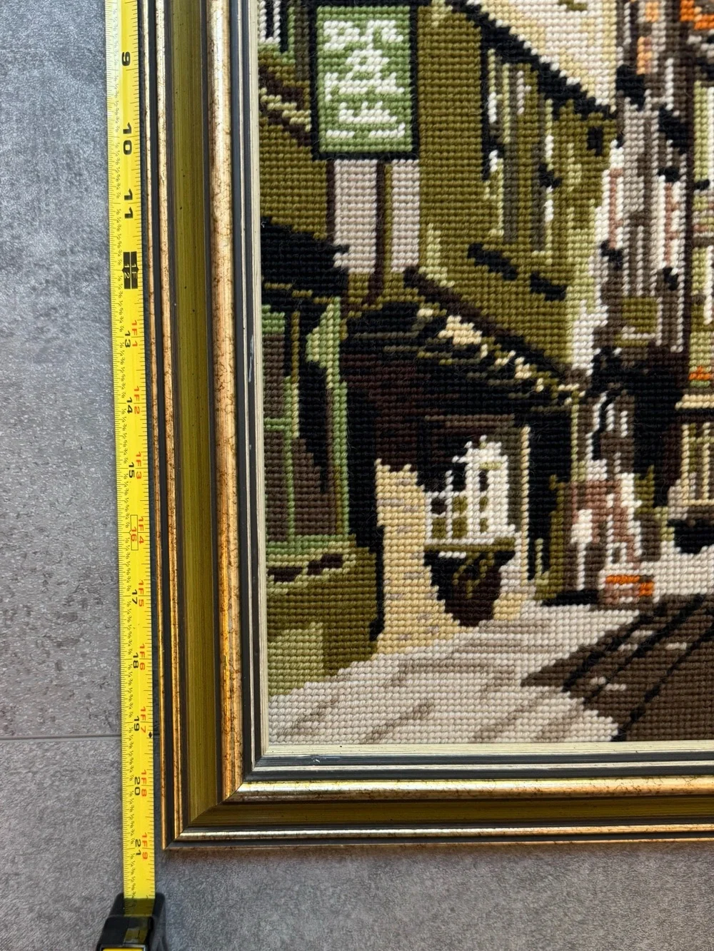 Vintage Needlepoint Street Scene Wall Art in Blue, Green, Brown